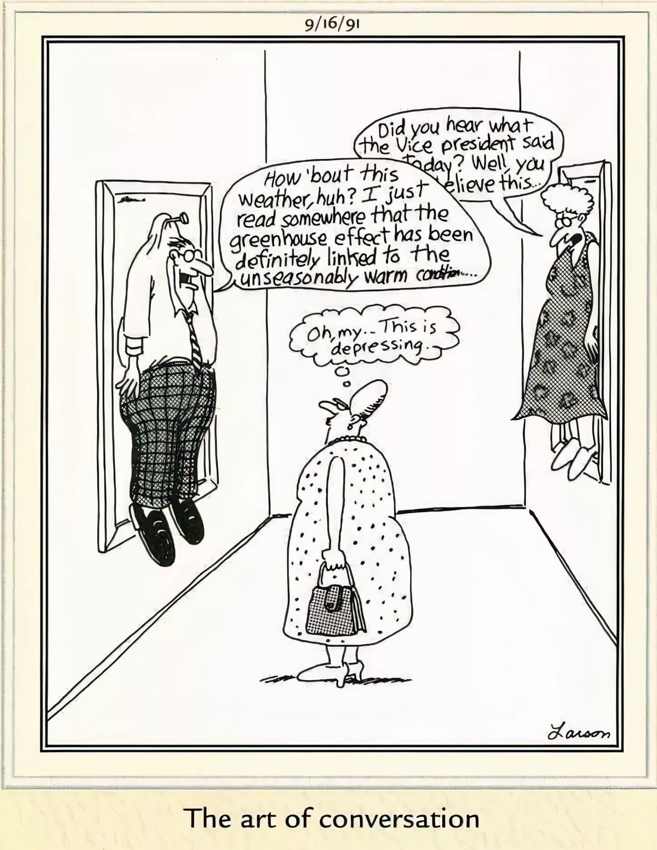 Two people hang from frames as art pieces. They talk to the patrons of the gallery where they hang.