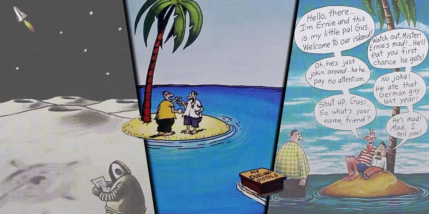 Split image of The Far Side comics about stranded people