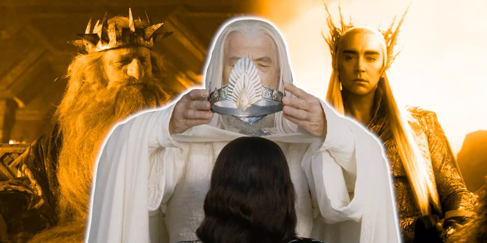 Gandalf coronando a Aragorn de El Señor de los Anillos, Durin III de Los Anillos del Poder y Thranduil de El Hobbit