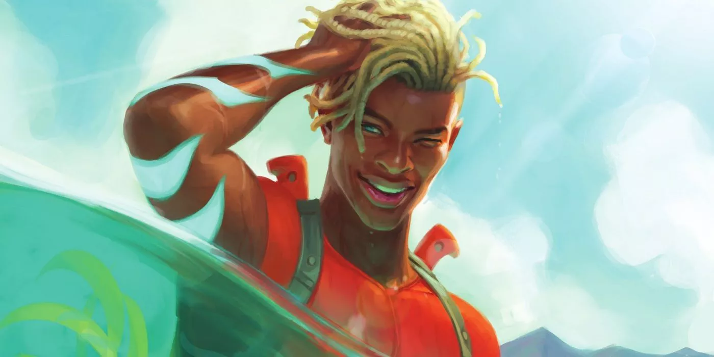 Jackson Hyde smiling with a hand on his hair in the ocean in the cover of Aquaman the Becoming.