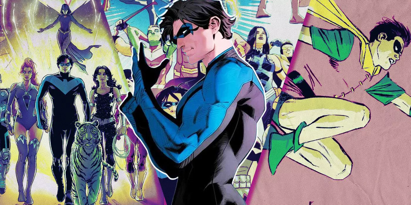 A collage of Nightwing, Dick Grayson's Robin, the Titans, and the Justice League in DC Comics