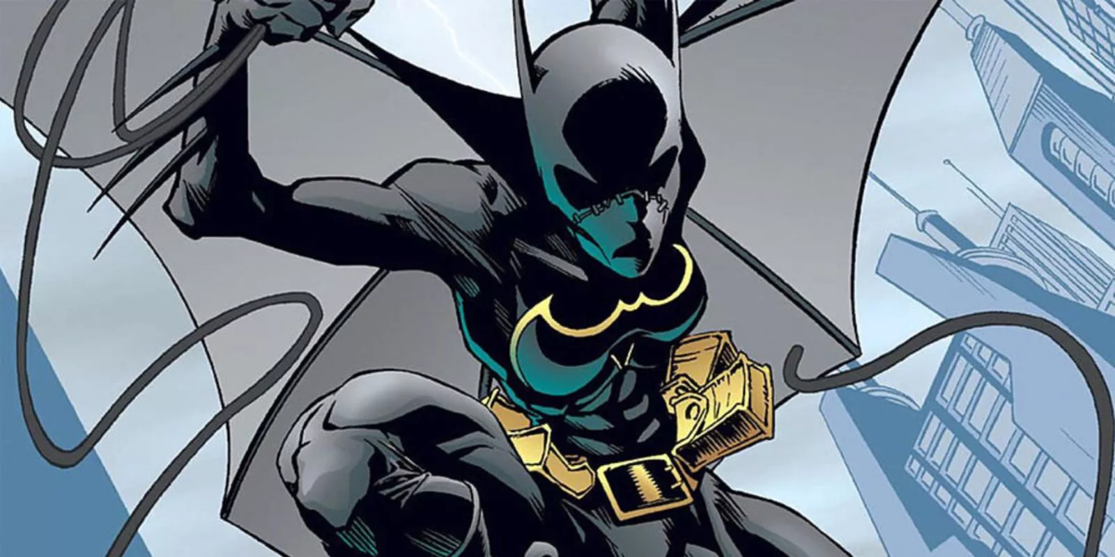 Cassandra Cain's Batgirl uses the Batrope to swing through Gotham City.