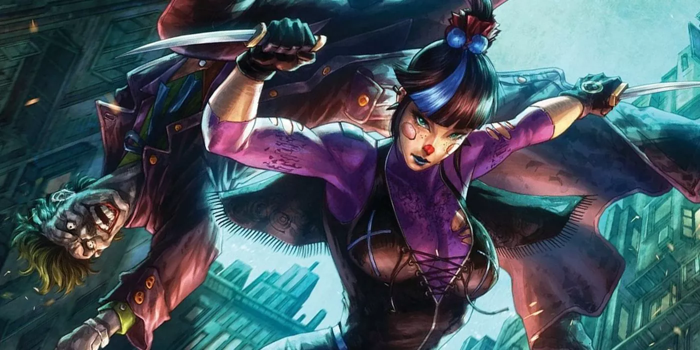 Joker and Punchline dropping from a Gotham City rooftop in DC Comics