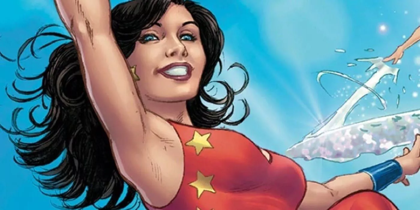 DC Comics' Donna Troy as Wonder Girl smiling with raised arm.