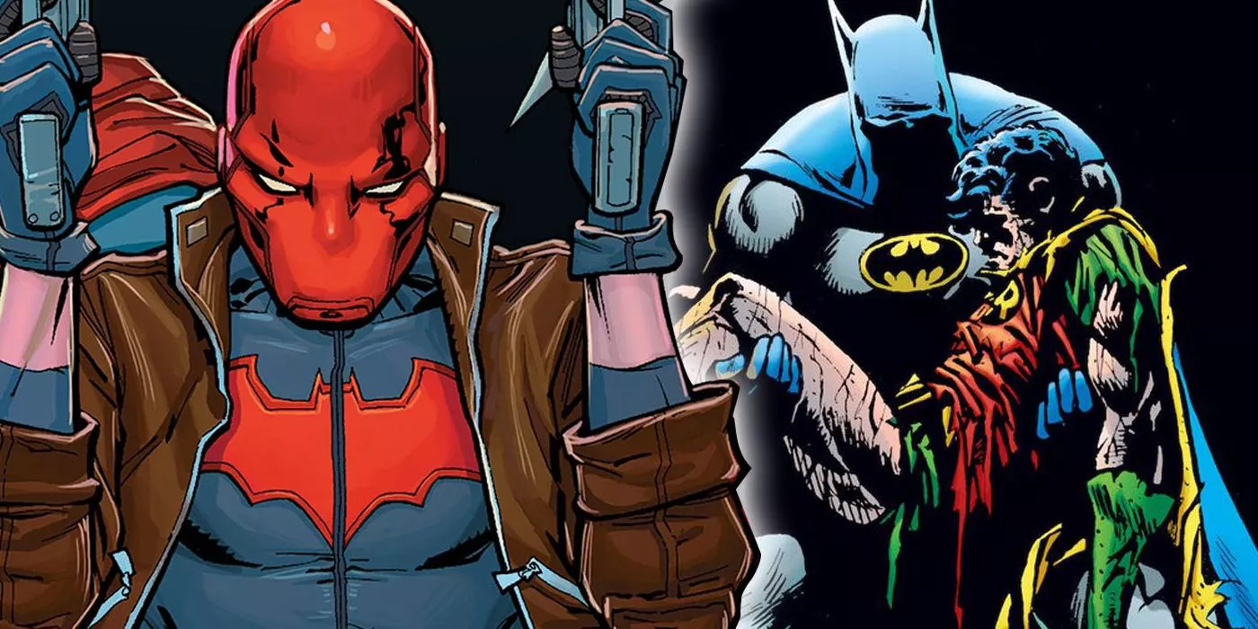 Composite image of Red Hood wielding guns and Jason Todd Robin dying in Batman's arms