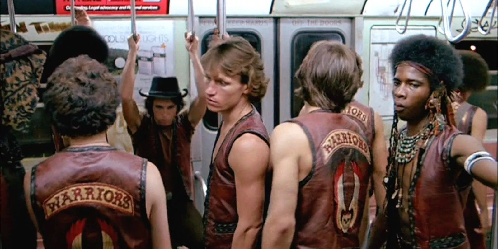 the cast of The Warriors (1979) on the subway