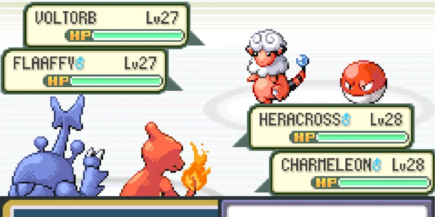 A Heracross and a Charmeleon battle a Flaaffy and a Voltorb in Pokémon FireRed & LeafGreen.