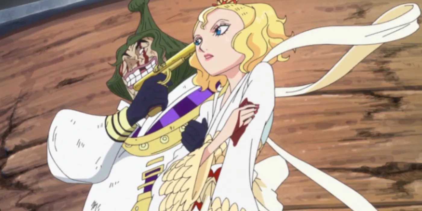 Saint Mjosgard sostiene a la Reina Otohime como rehén durante un flashback de One Piece.