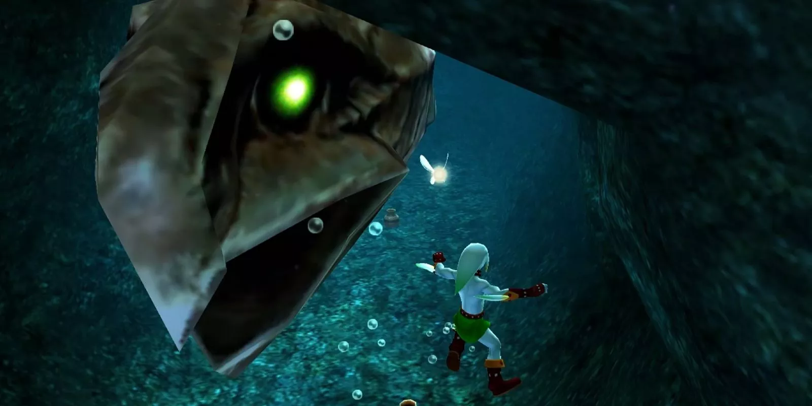 A Deep Python tries to bite Zora Link in The Legend of Zelda: Majora's Mask 3D.