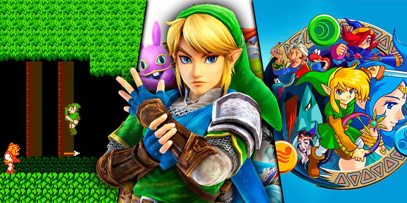 Zelda II and Oracle of Ages, with Link from Hyrule Warriors in the center