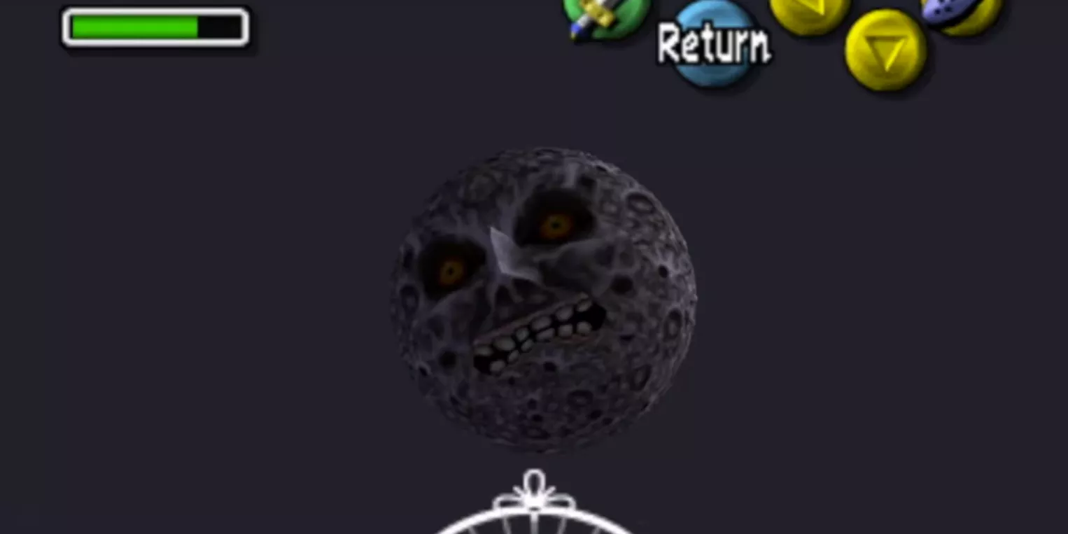 The menacing moon slowly descends toward Termina in The Legend of Zelda: Majora's Mask.
