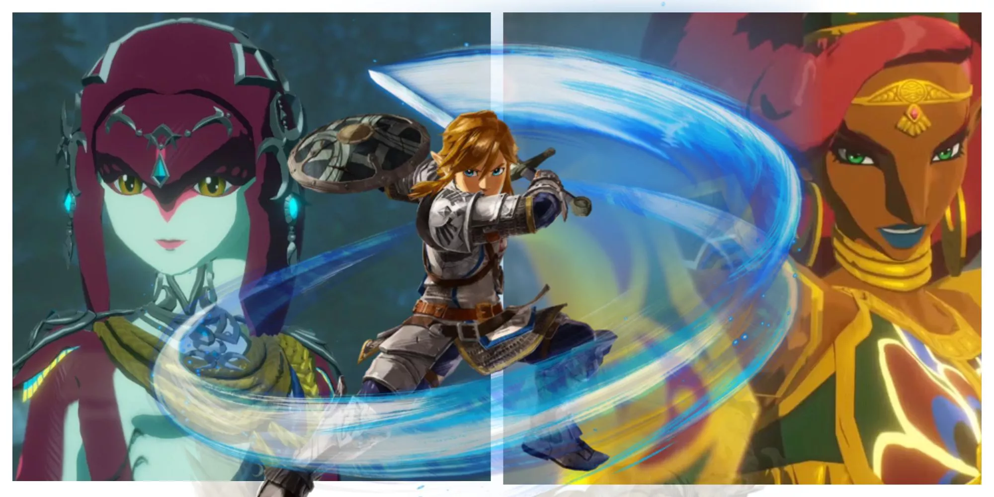 Hyrule Warriors Age of Calamity Mipha a la izquierda, Link en el medio y Urbosa a la derecha