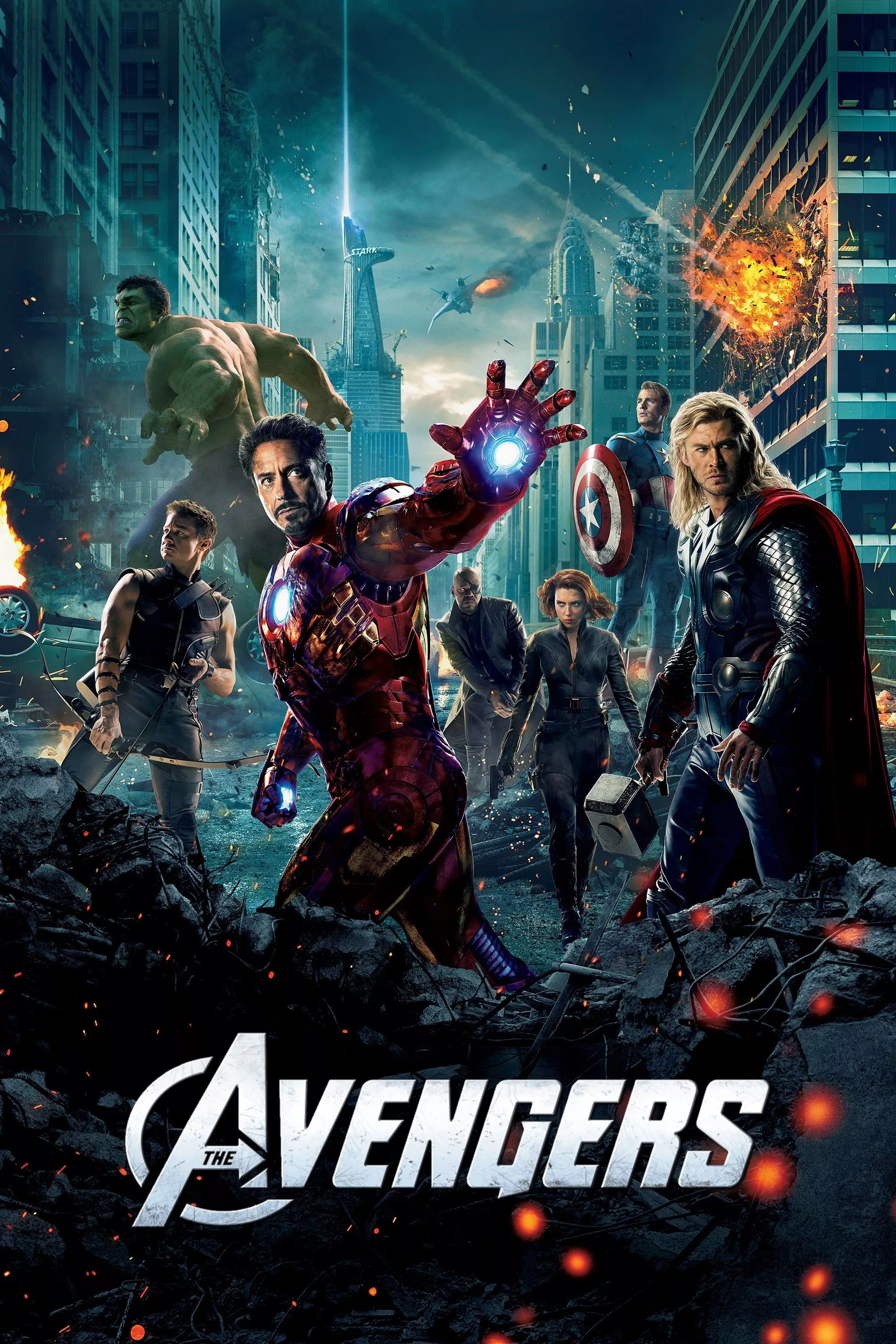 Iron Man, Thor, Black Widow, Hawkeye, the Hulk, Nick Fury and Captain America on Marvel's The Avengers(2012) Movie Poster