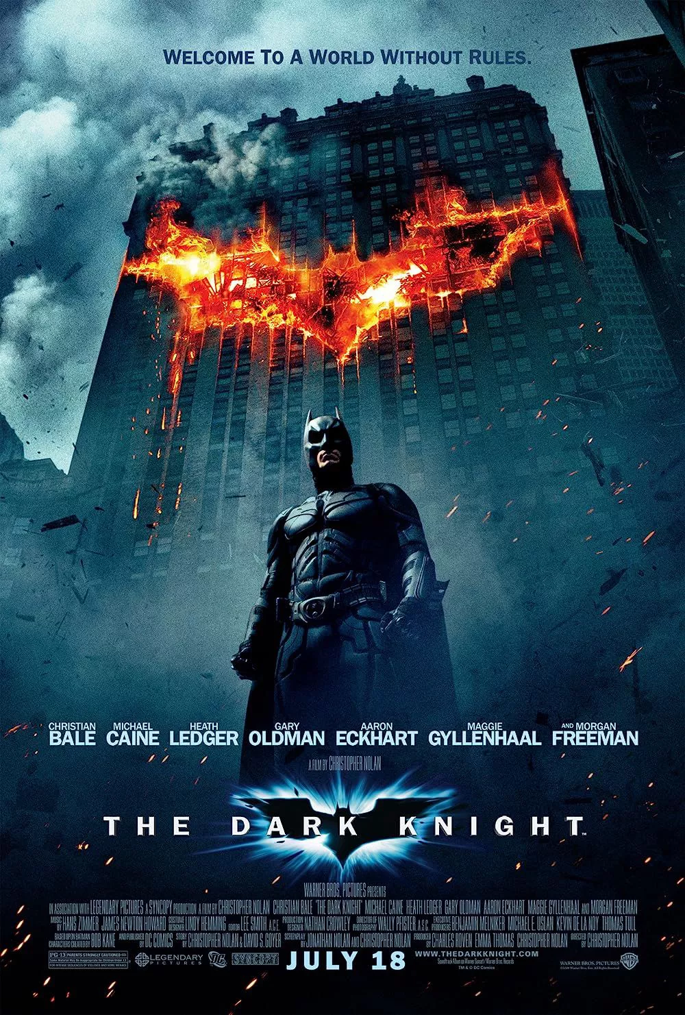 The Dark Knight (2008) movie poster depicts Chistrian Bale's Batman below the Batman emblem created out of flames.