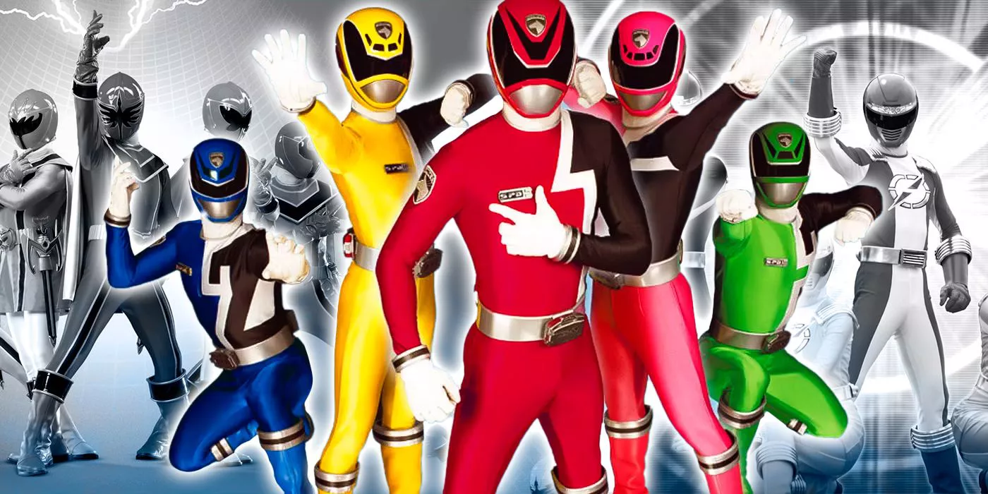 Power Rangers SPD en el centro y Operation Overdrive y Mystic Force