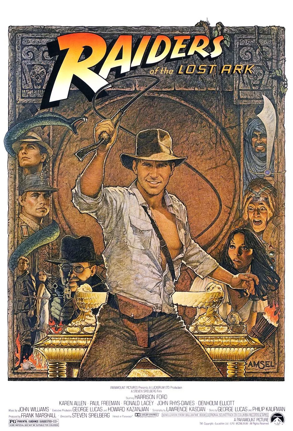 Indiana Jones and the Raiders of the Lost Ark Poster shows Indiana Jones cracking a whip.
