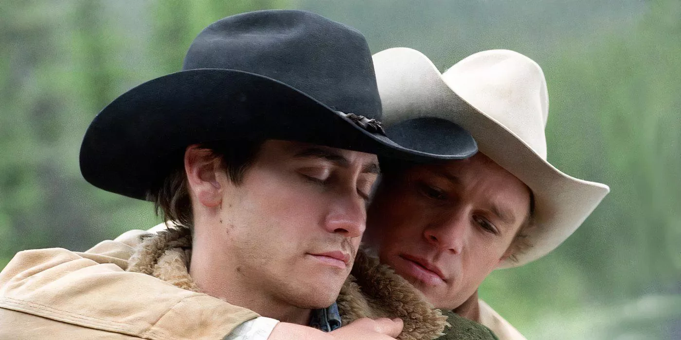 Ennis Del Mar has his arms around Jack Twist in Brokeback Mountain