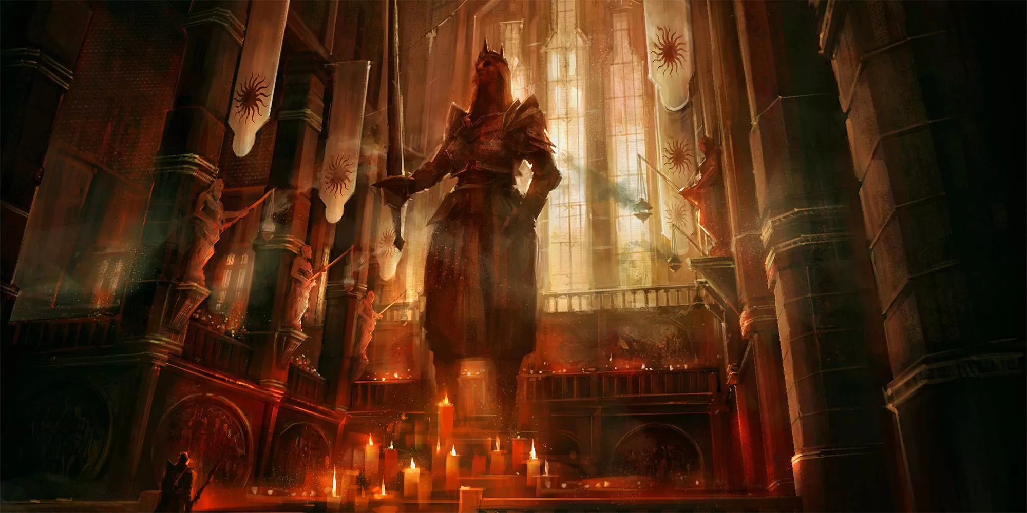 A giant Chantry statue is standing behind an array of candles and in front of a set of windows in Dragon Age.