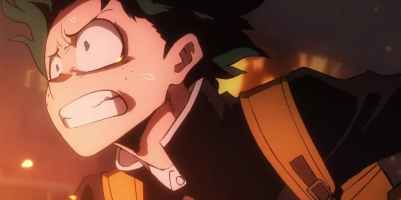 Izuku Midoriya running into the flames to save Bakugo from the Slime villain in My Hero Academia.