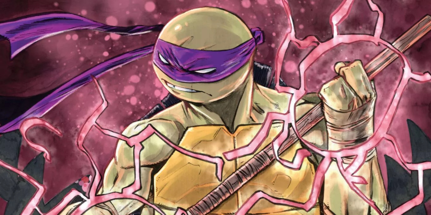 Donatello sosteniendo su bo staff rodeado de energía