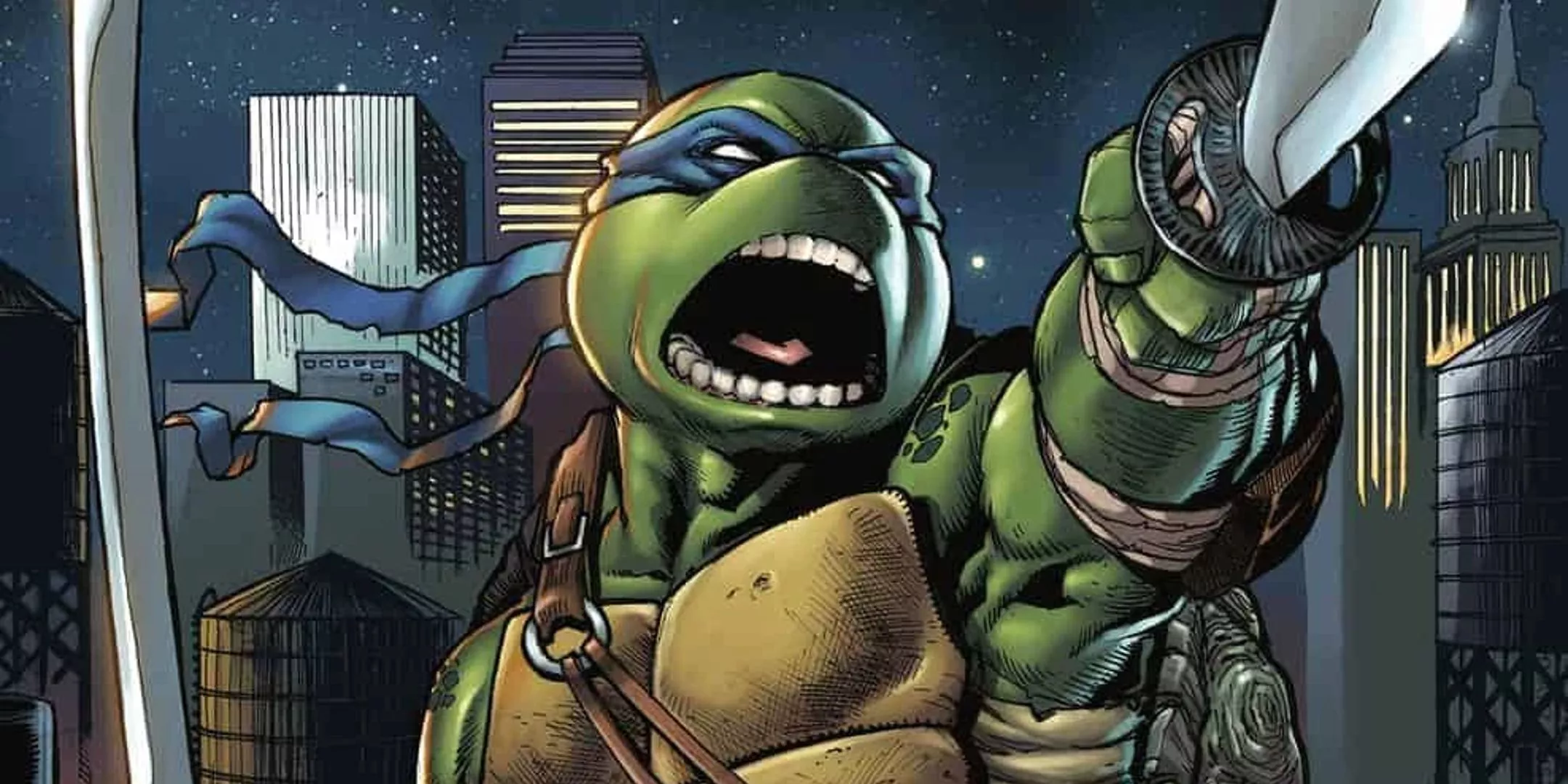 Leonardo posando con sus espadas en los cómics TMNT de IDW