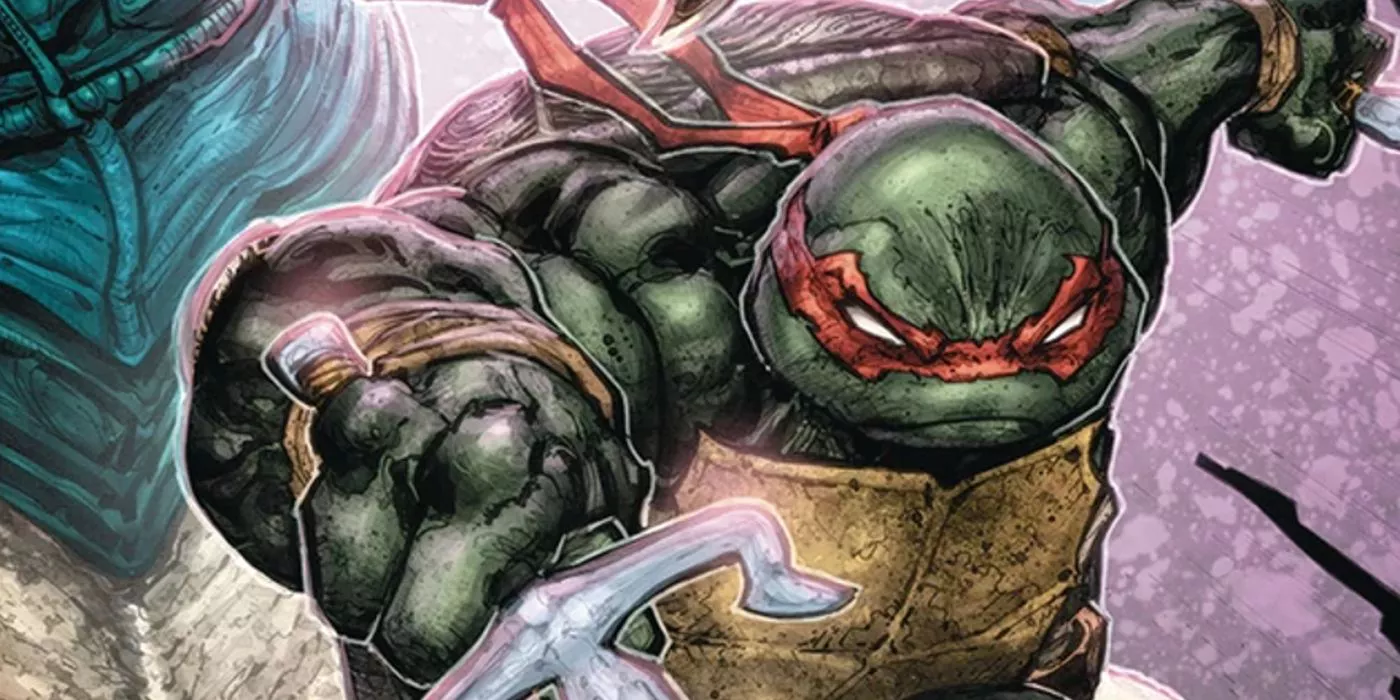 Rafael del universo IDW TMNT saltando hacia el espectador con sus sais en mano