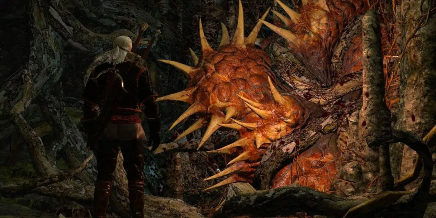 Geralt de Rivia enfrentándose a la criatura bajo Whispering Hillock en The Witcher 3.