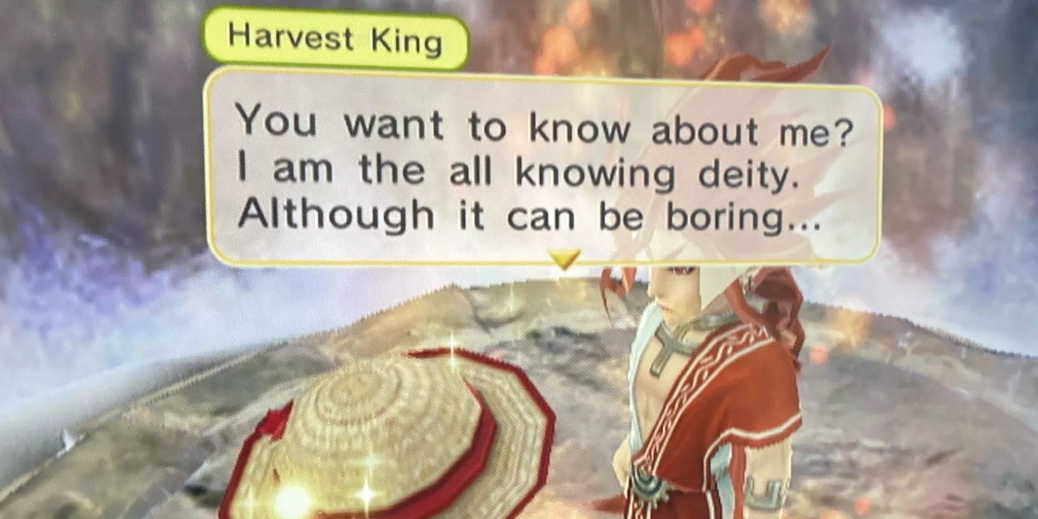 Gameplay of the Harvest King talking to the player in Harvest Moon: Animal Parade
