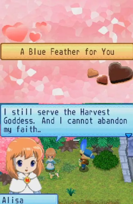 Alisa declines the player's proposal due to being a nun for the Harvest Goddess in Harvest Moon: Sunshine Islands.
