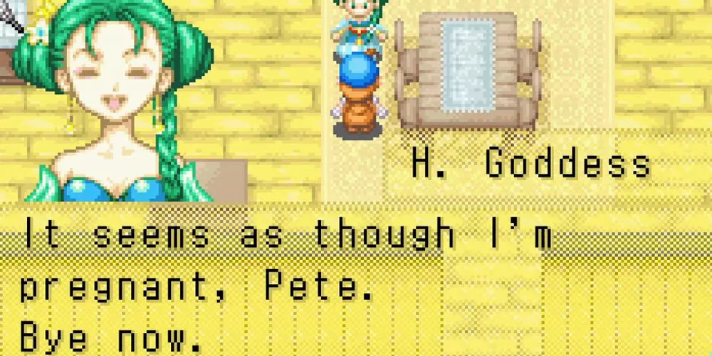 The Harvest Goddess' version of the pregnancy event in Harvest Moon: Friends of Mineral Town.