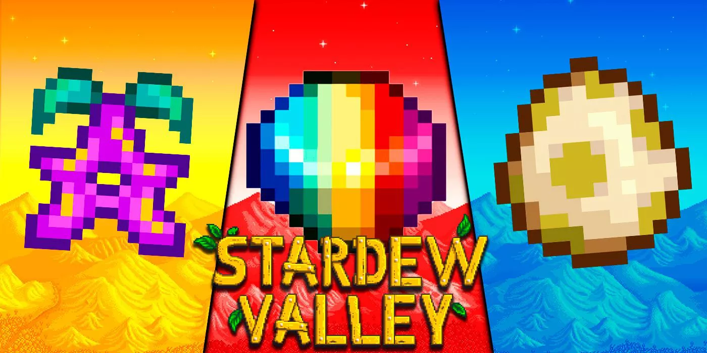 Stardew Valley split image shows Stardrops, Prismatic Shards, and Dinosaur Eggs.