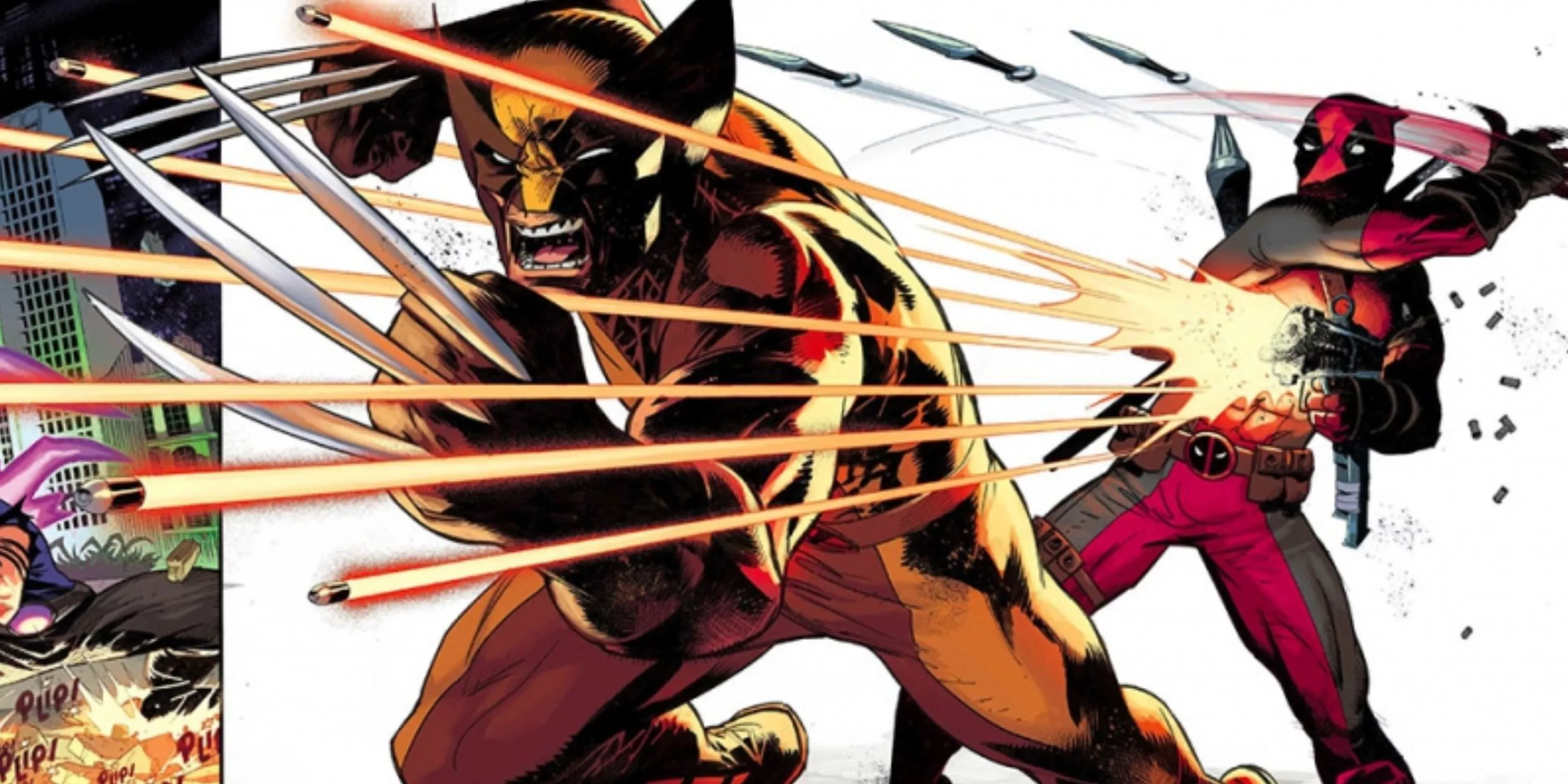 Wolverine is running forward while Deadpool fires bullets around him and throws daggers in Deadpool & Wolverine: WWIII.
