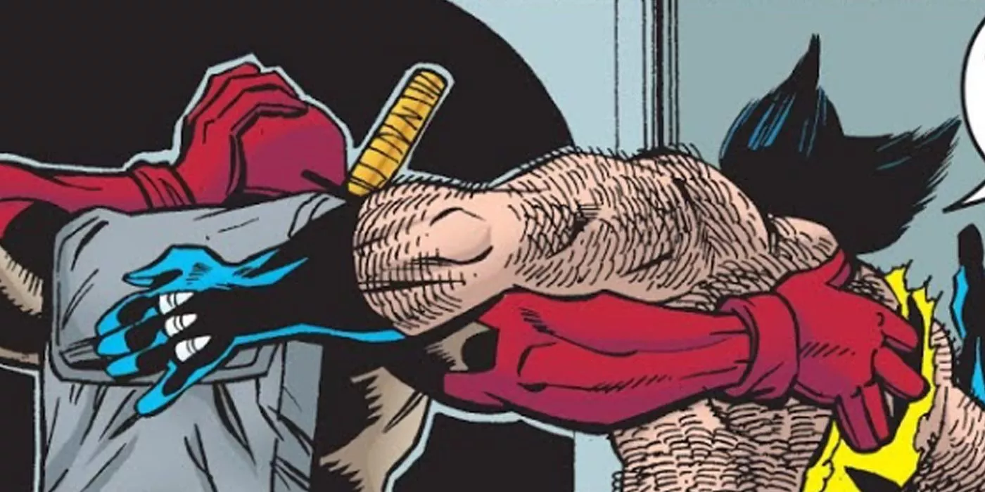 Deadpool and Wolverine hugging each other as they walk away from the reader in the comics