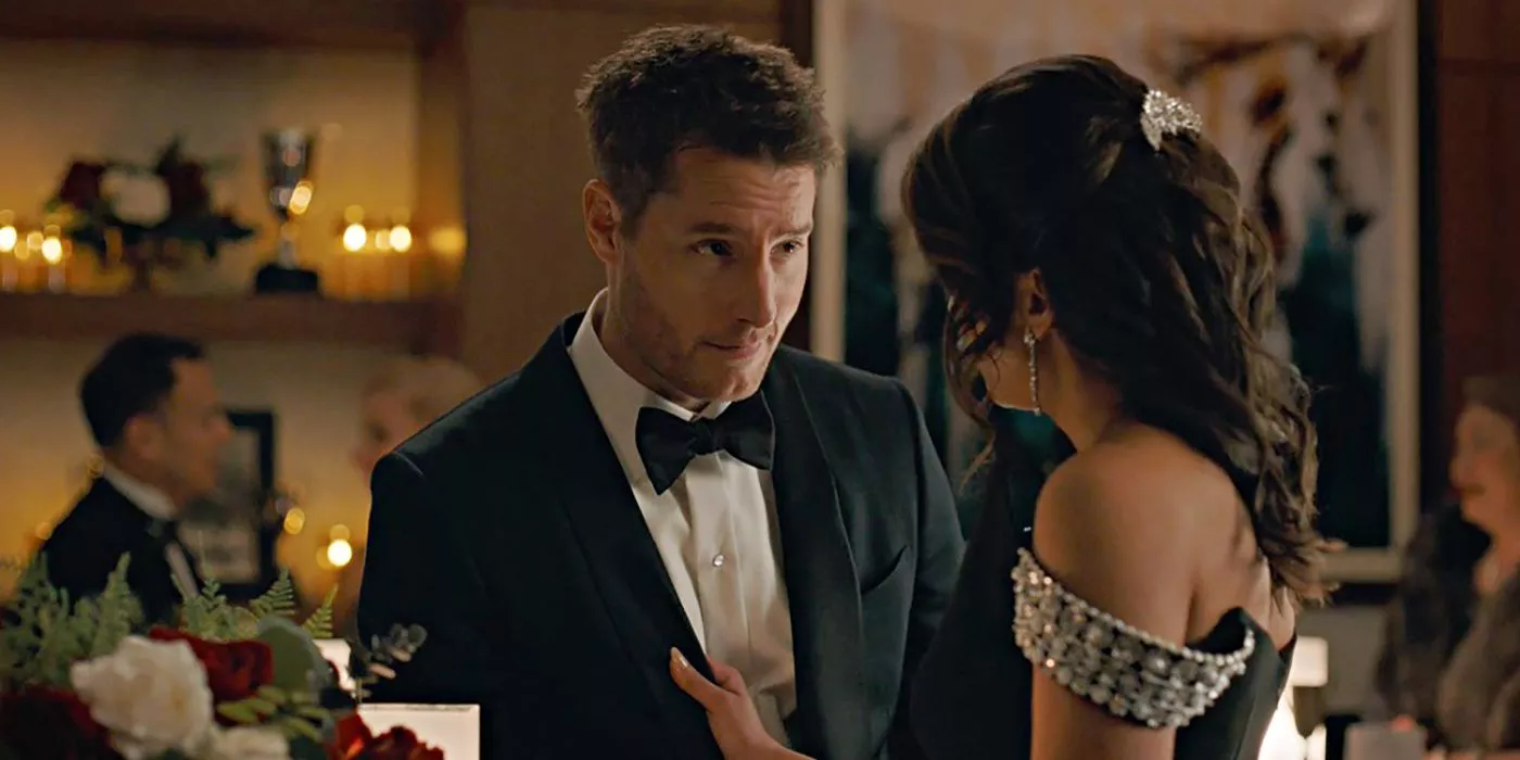 Colter talking to Billie at a fancy party, her hand on his suit jacket in Tracker.