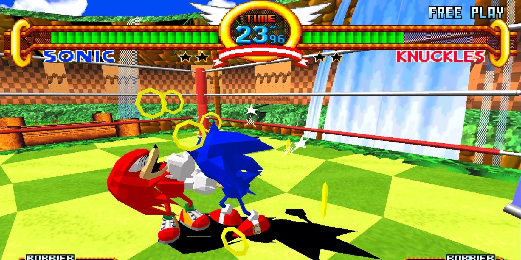 Sonic punches Knuckles in the face in Sonic the Fighters
