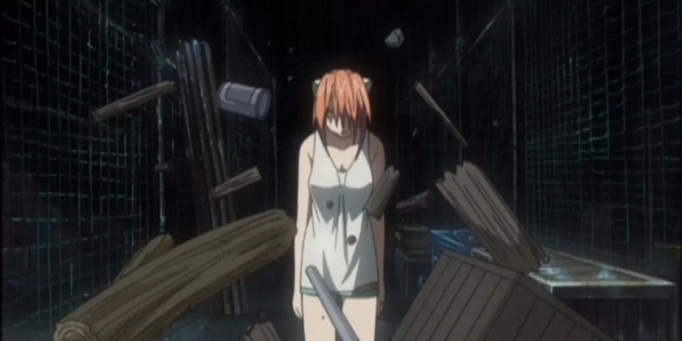 Lucy destroys some debris in an alley with her invisible arms in Elfen Lied.