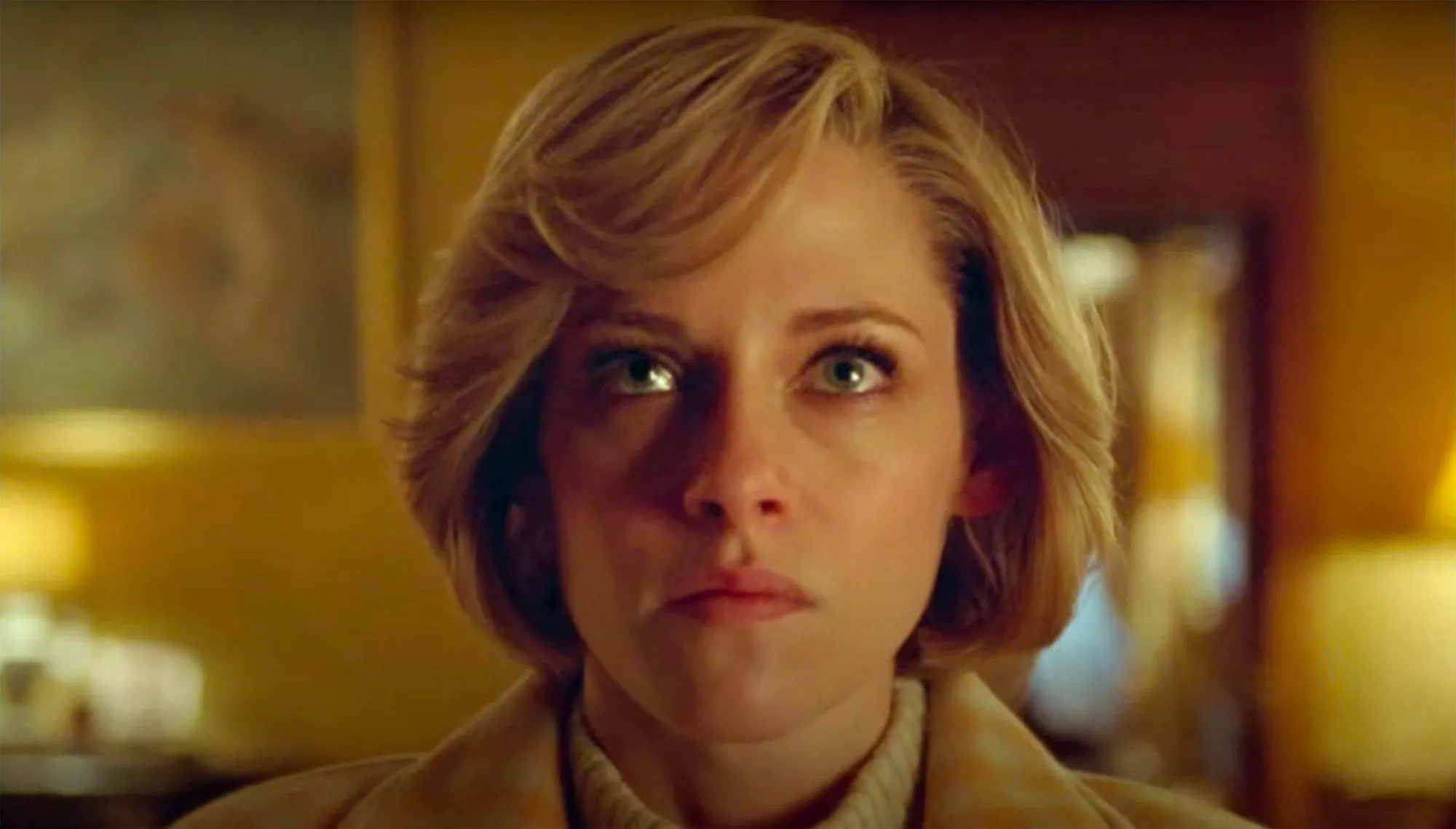 Spencer's Kristen Stewart stares at something just above the camera.