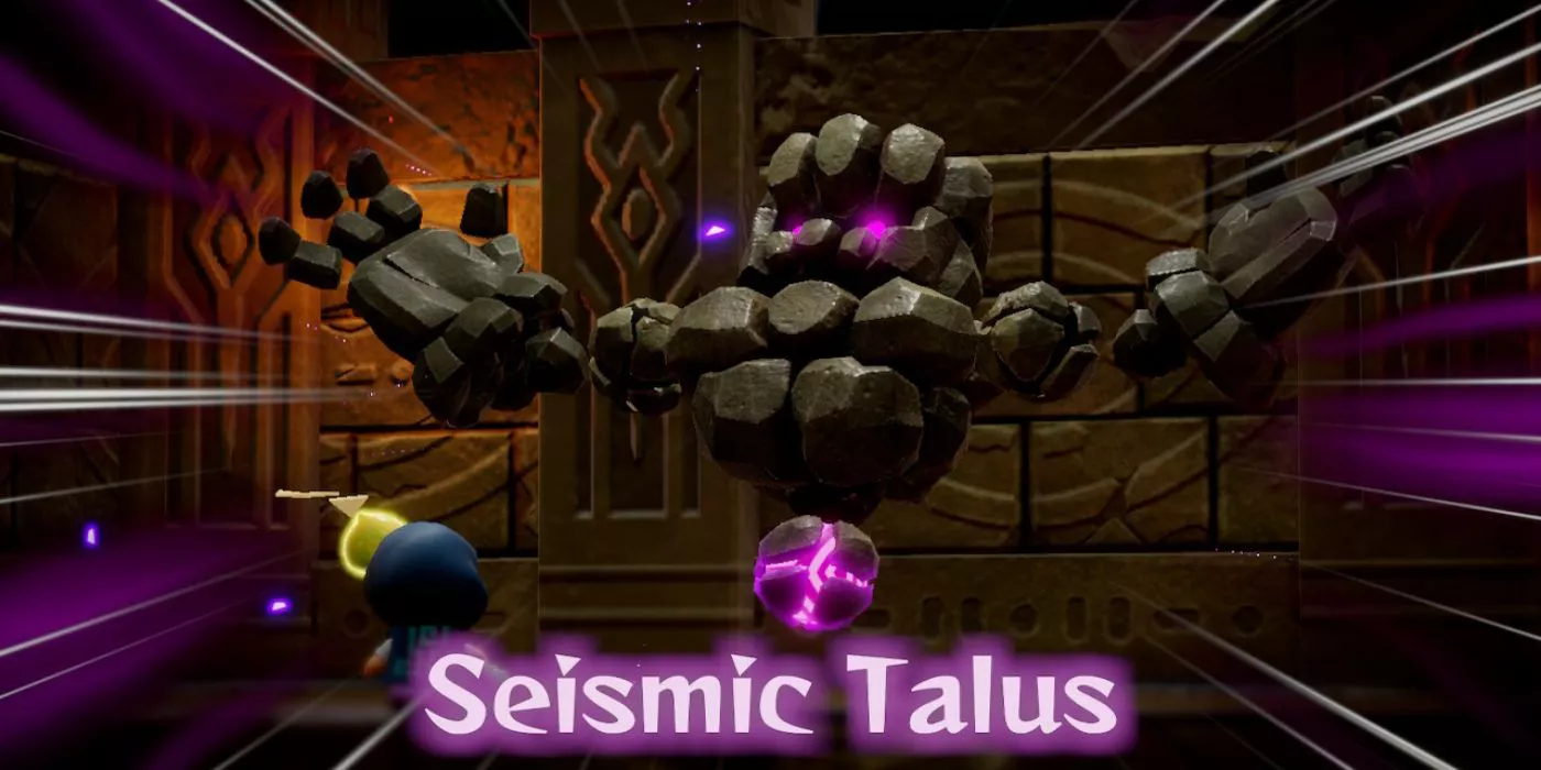 Seismic Talus ruge mientras su nombre aparece al inicio de su batalla en Echoes of Wisdom