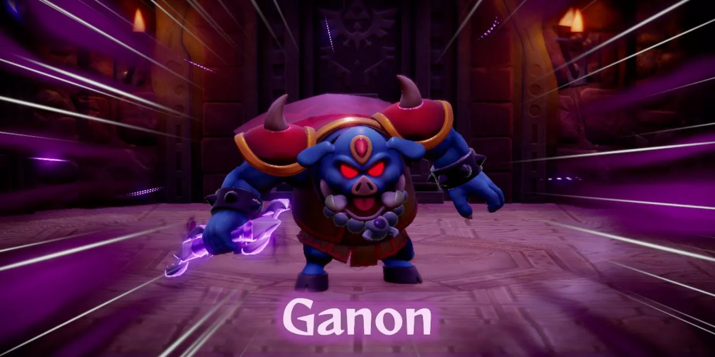 Ganon Eco ruge mientras su nombre aparece al inicio de su batalla en Echoes of Wisdom