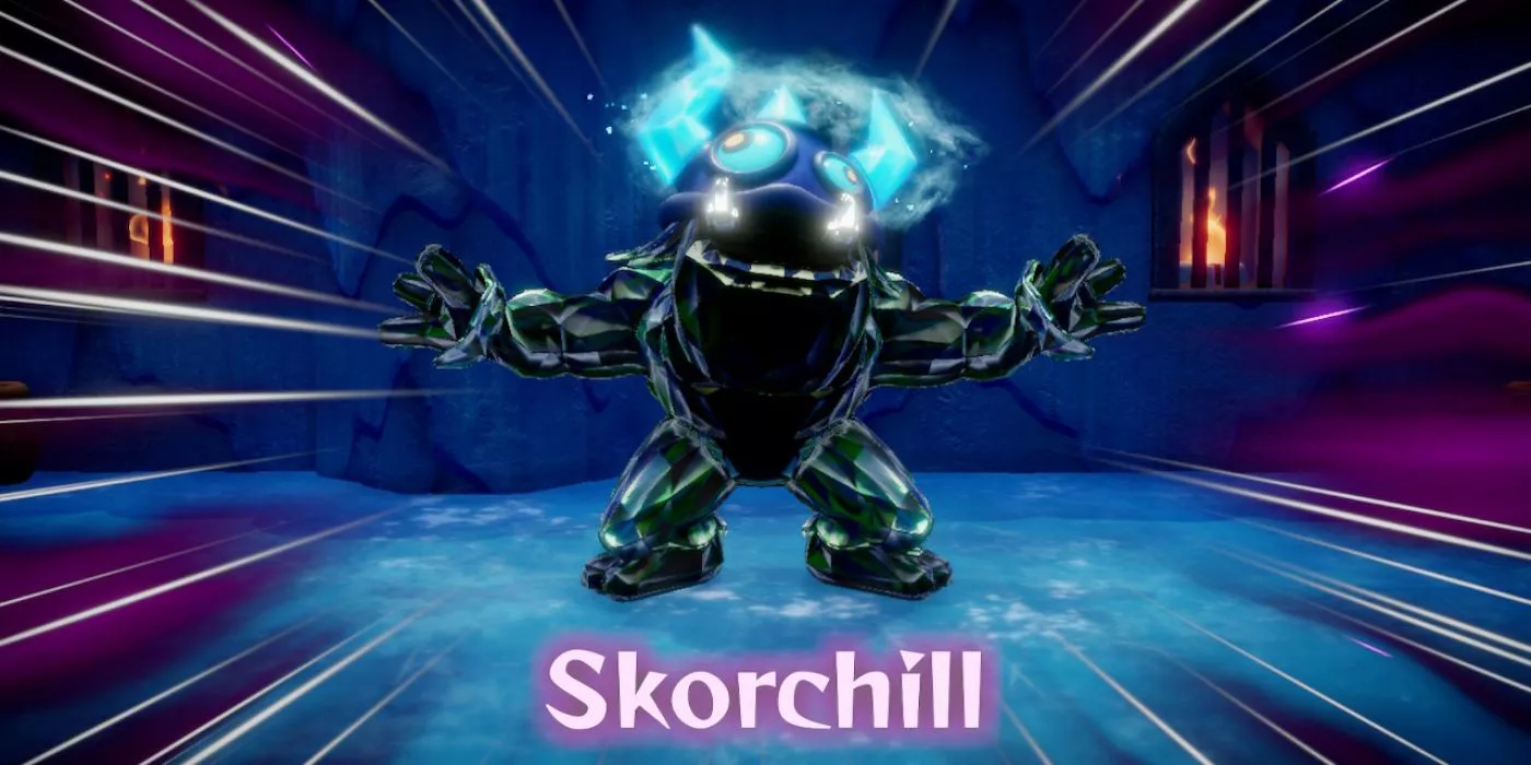 Skorchill ruge mientras su nombre aparece al inicio de su batalla en Echoes of Wisdom