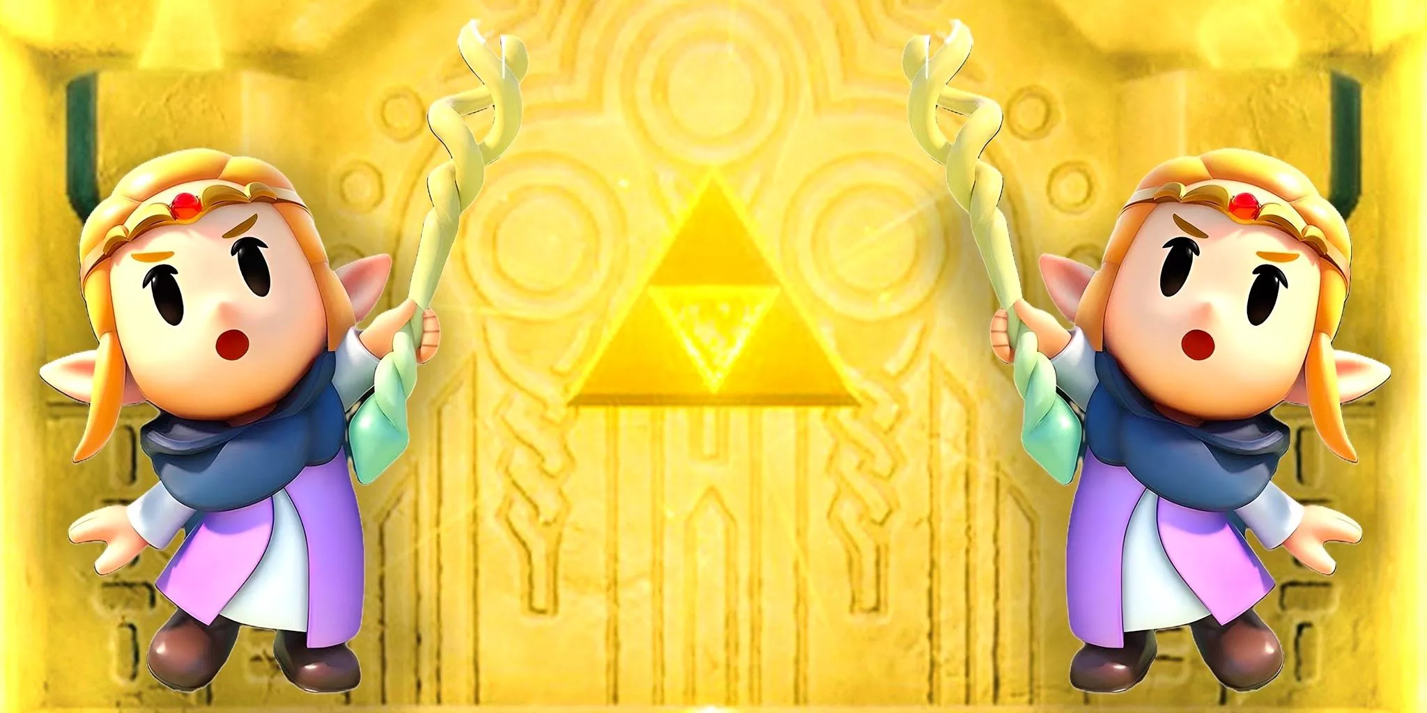 La Princesa Zelda levanta la Tri Vara junto al Triforce en Echoes of Wisdom