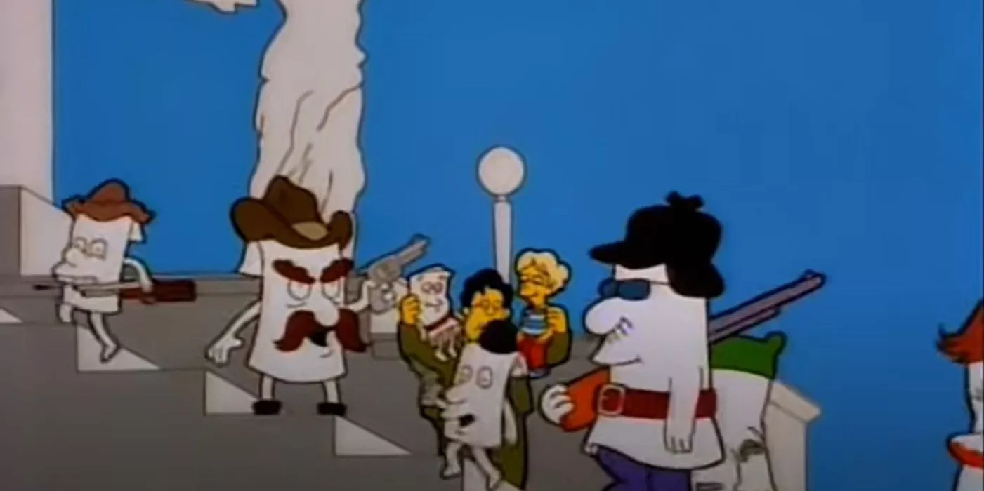 Billetes rioting on the steps of congress in The Simpsons
