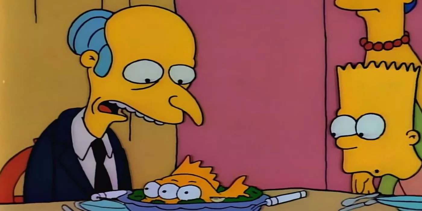 Mr. Burns eating three eyed fish from the plant in The Simpsons
