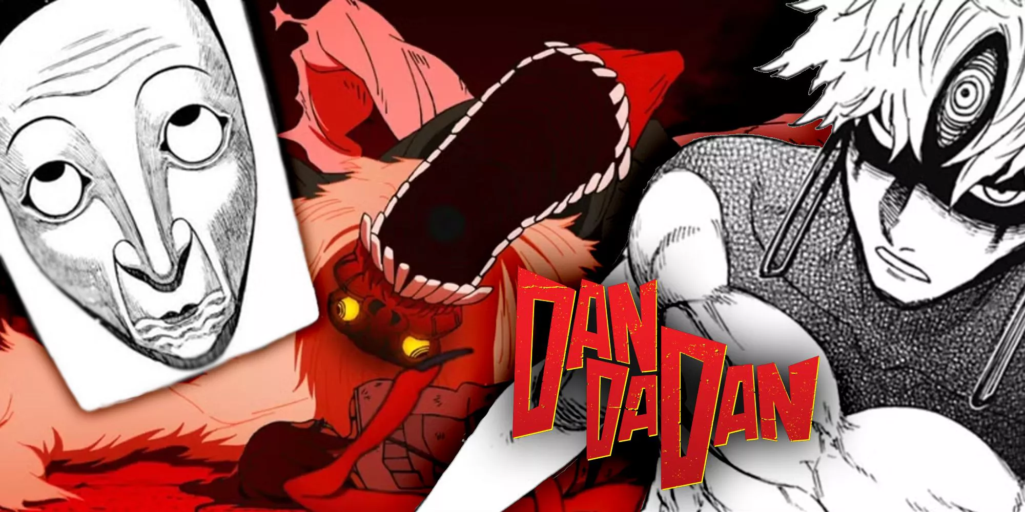 Collage de yokai de Dandadan con ojo maligno, carta de cuento de hadas y Turbo Granny