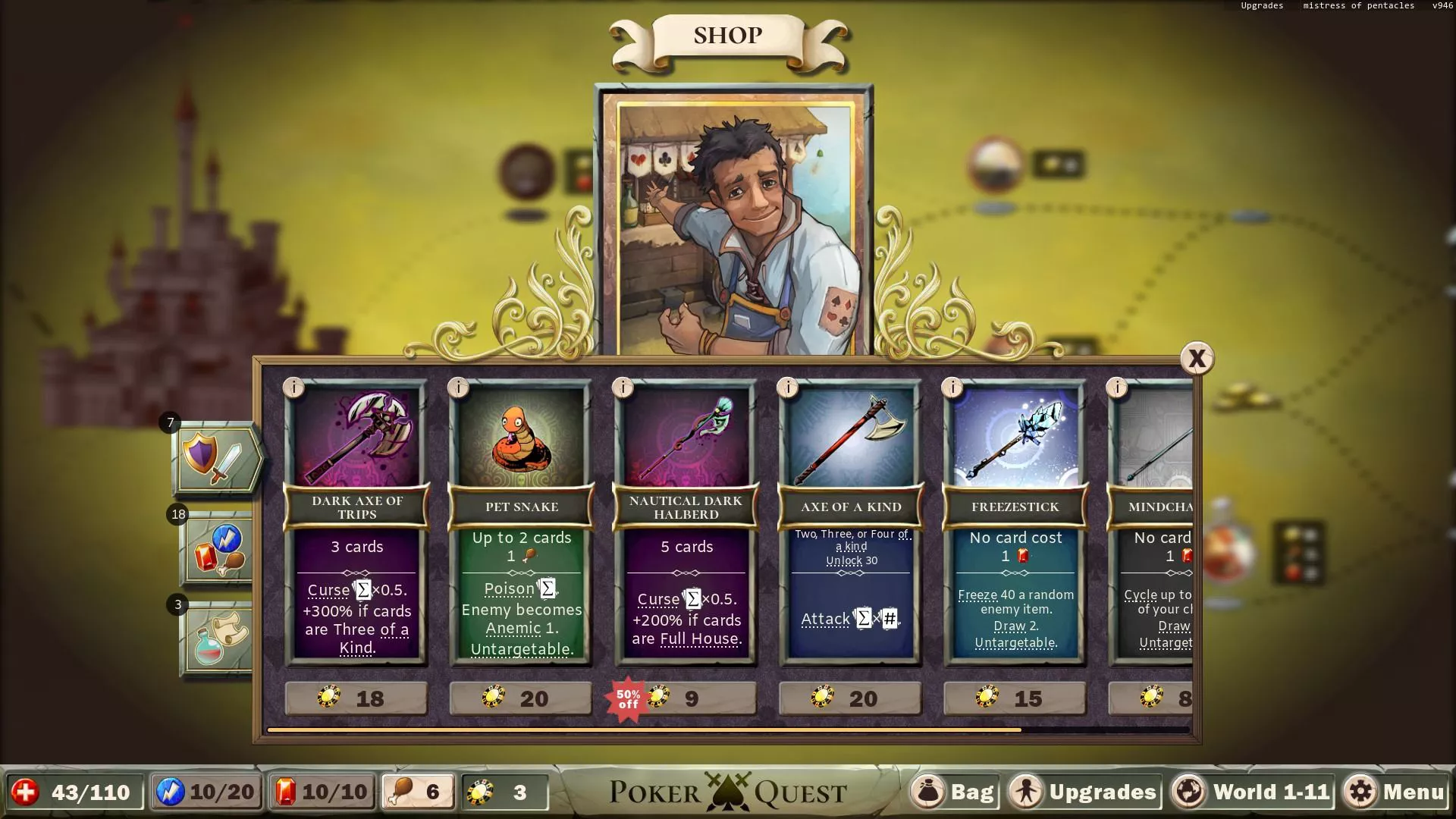A card shop in Poker Quest Swords and Spades