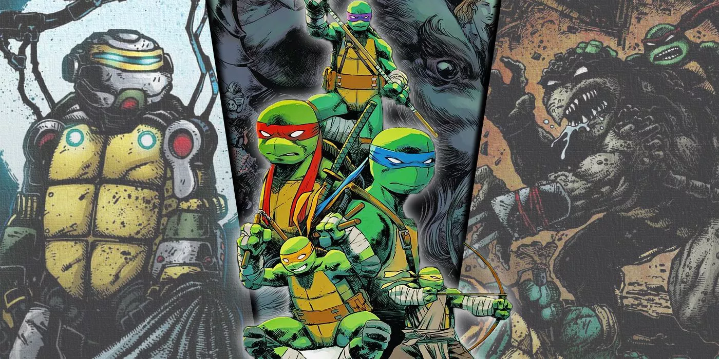 Split image of IDW's Turtles, Metalhead, and Slash from TMNT comics