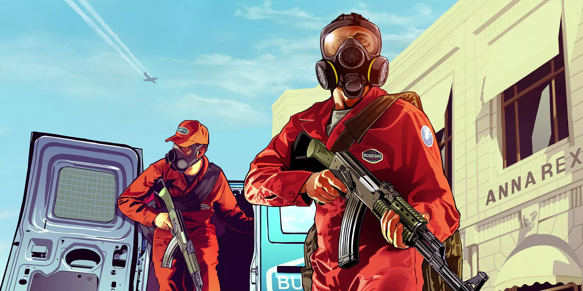 Arte en cel shading de dos hombres sosteniendo armas en GTA 5