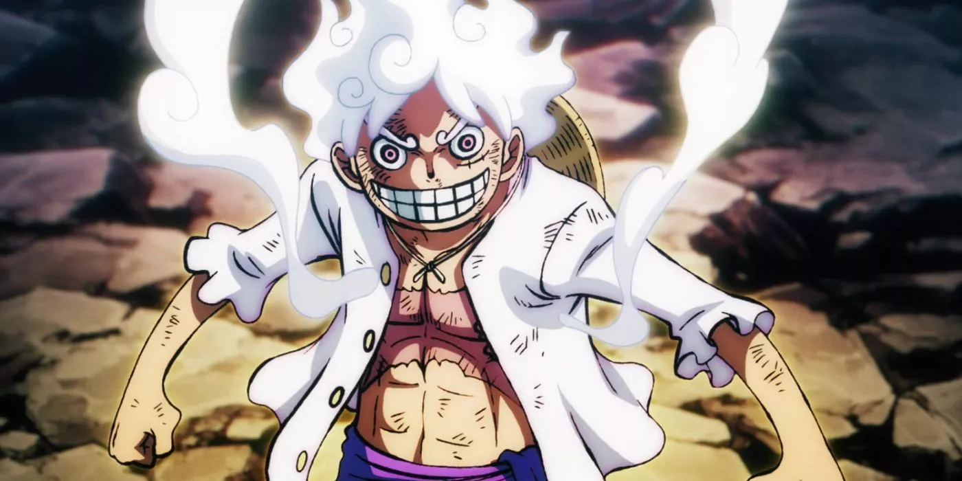 Monkey D. Luffy grins menacingly while in Gear 5 during One Piece's Wano Country Arc.