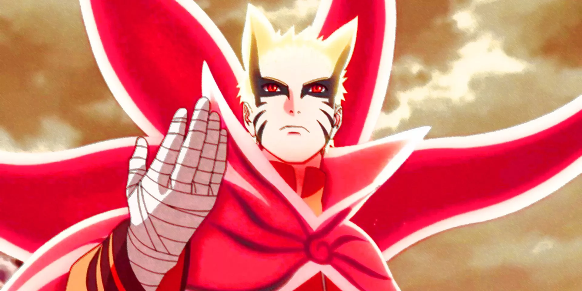 Naruto in Baryon Mode, beckoning his opponent to fight him in Boruto: Naruto Next Generations.