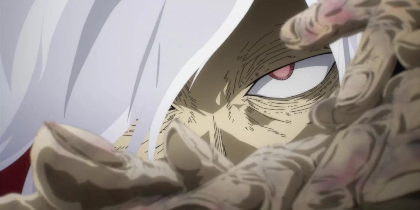 Shigaraki mira con un ojo a través de los múltiples dedos de su nuevo brazo de mil dedos